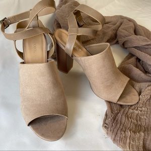 Shoe Dazzle Beige High Heel Mules Ankle Straps